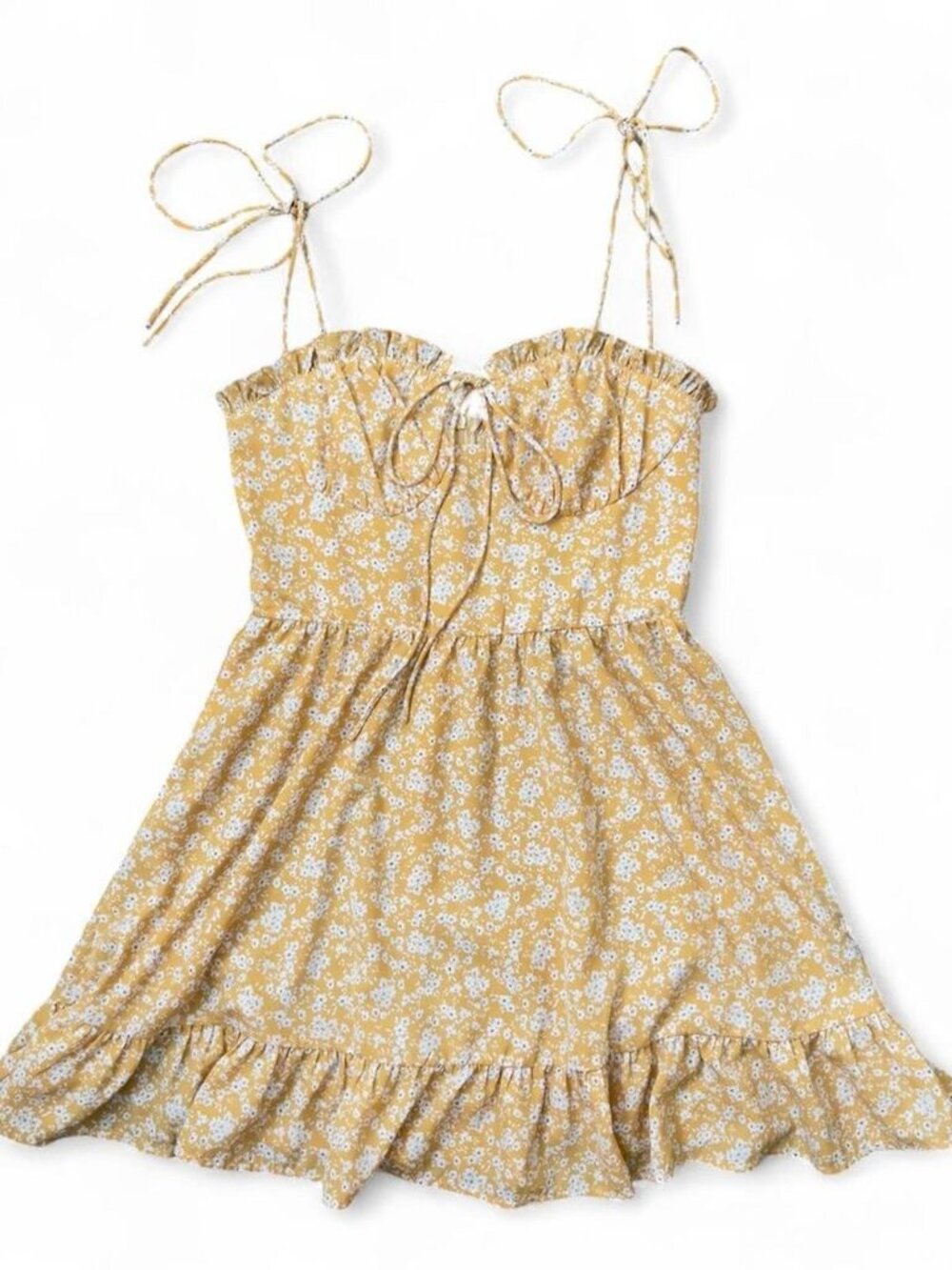 Yellow floral mini dress with ties and zip back #floral #summerdress #feminine